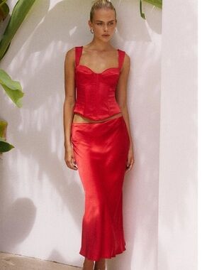 Women’s Red Satin Skirt Set with Structured Corset Top